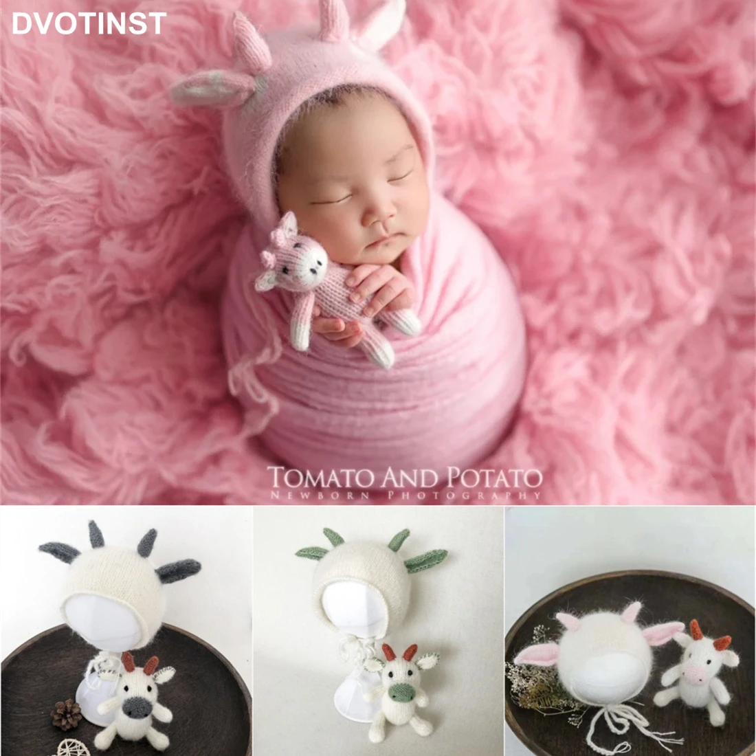 Dvotinst Newborn Baby Photography Props Knitted Crochet Cute Cow Ox Doll Hat Bonnet 2pcs Fotografia Studio Shoots Photo Props
