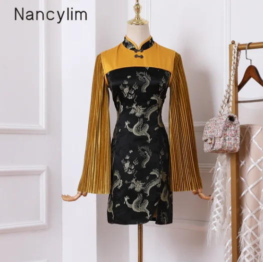 

2019 New Retro Cheongsam-dress Women Stand Collar Slant Buckle Lapel Black Dragon Embroidery Splice Pleated Horn Sleeve Dress