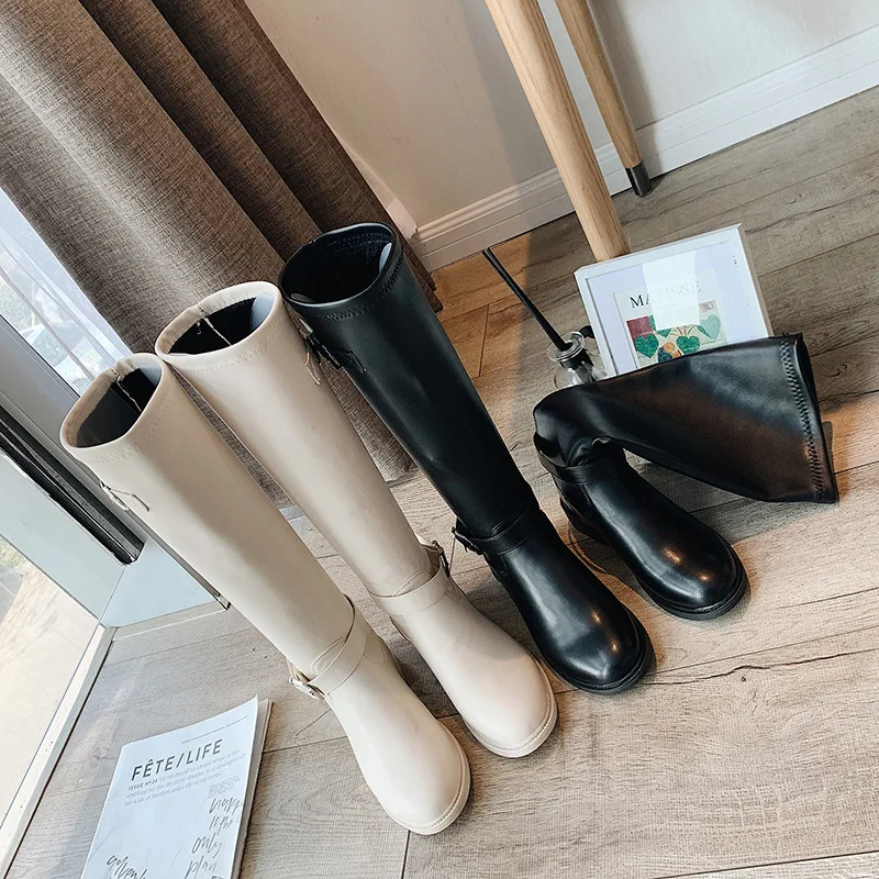 

Boots Women's Knee Thigh Boot 2019 New Style Winter plus Velvet Boots Women's Versatile Side Zipper Boots Biker Boots
