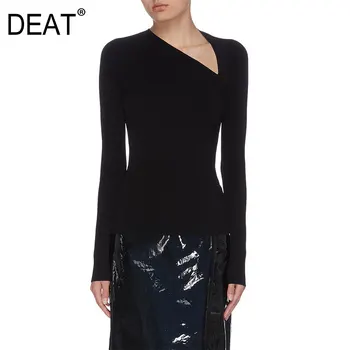 

DEAT 2020 new autumn and winter Irregular collar full sleeves slim elastic knitting pullover sweater female top WO24301L