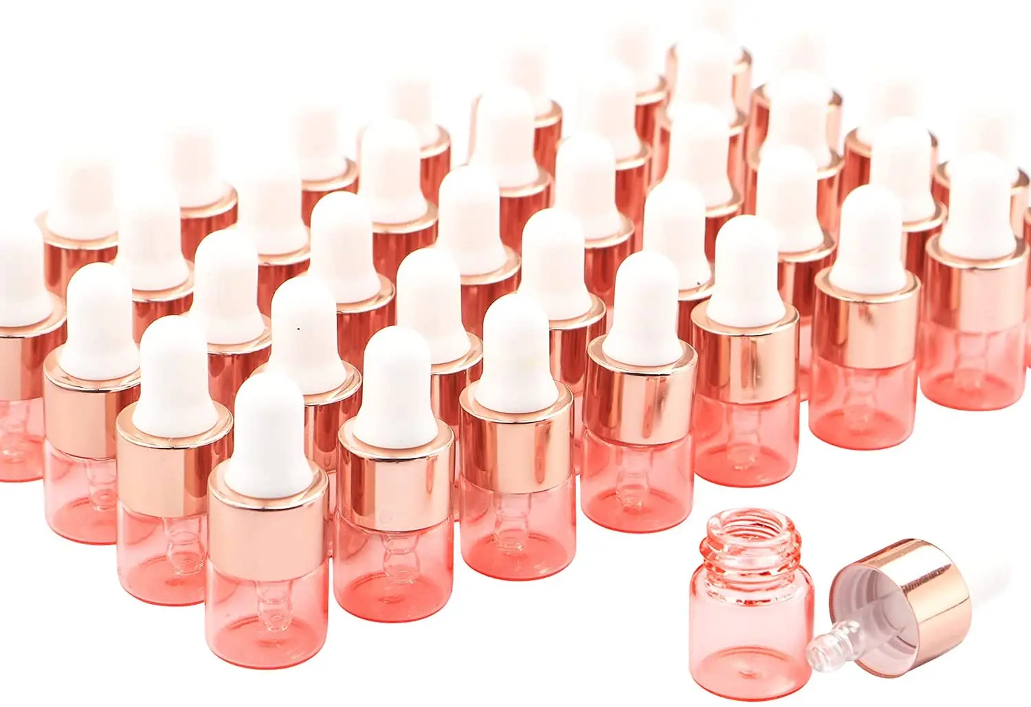 35 Pcs1ml Pink Sample Dropper Vial Empty Glass Eye Dropper Bottle With Rose-Gold Liquid Travel Essential Oil Perfume Container