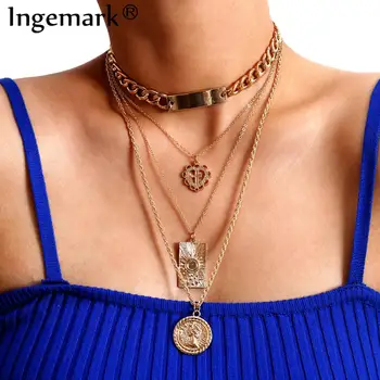 

Vintage Hip Hop Carved Coin Queen Pendant Choker Necklace Punk Cross Sun Flower Life Chain Necklaces Women Clavicle Jewelry Gift