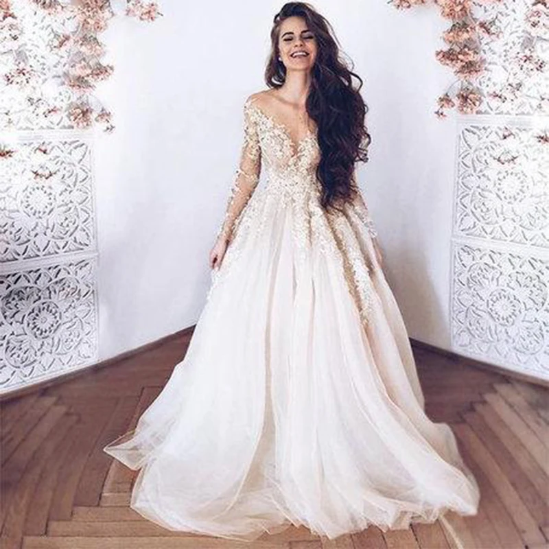 

Wholesale Charming A Line Tulle Lace Appliqued Bridal Wedding Dresses Long Sleeve Illusion Neckline Wedding Gowns for Bride 2020