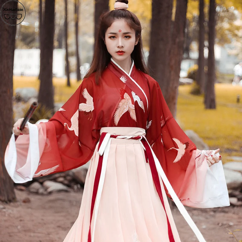 

XinHuaEase Hanfu Women Dress Chinese Traditional Clothing Swordsman Folk Dance Costume Set Lady Ancient Oriental Cosplay Red