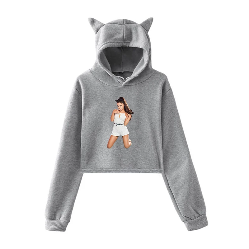 Ariana Grande, укороченная Женская толстовка, Harajuku, пуловер с капюшоном, одежда для девочек-подростков, уличная одежда, женские топы с длинными рукавами