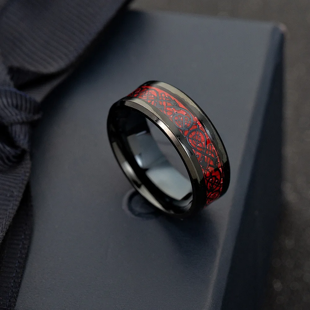 1 шт., властное мужское кольцо, красный, зеленый цвет, углеродное волокно, черный дракон, инкрустация, удобная посадка, кольца из нержавеющей стали для мужчин, обручальное кольцо