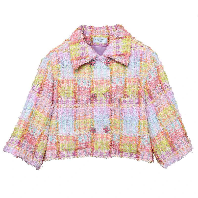 Best 2019 autumn female brand design colorful plaid double breasted tweed coats loose mixed color knitte