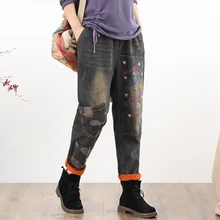 FairyNatural, новинка, зима, Ретро стиль, вышивка, надпись, женские теплые плисовые джинсы, свободные, комфортные, эластичный пояс, дамские шаровары, джинсовые штаны