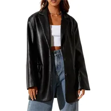 Hirigin Long Sleeve Flap Pockets Streetwear Female Veste Femme Ladies Vintage Faux PU Leather Blazer Women Jacket Coat