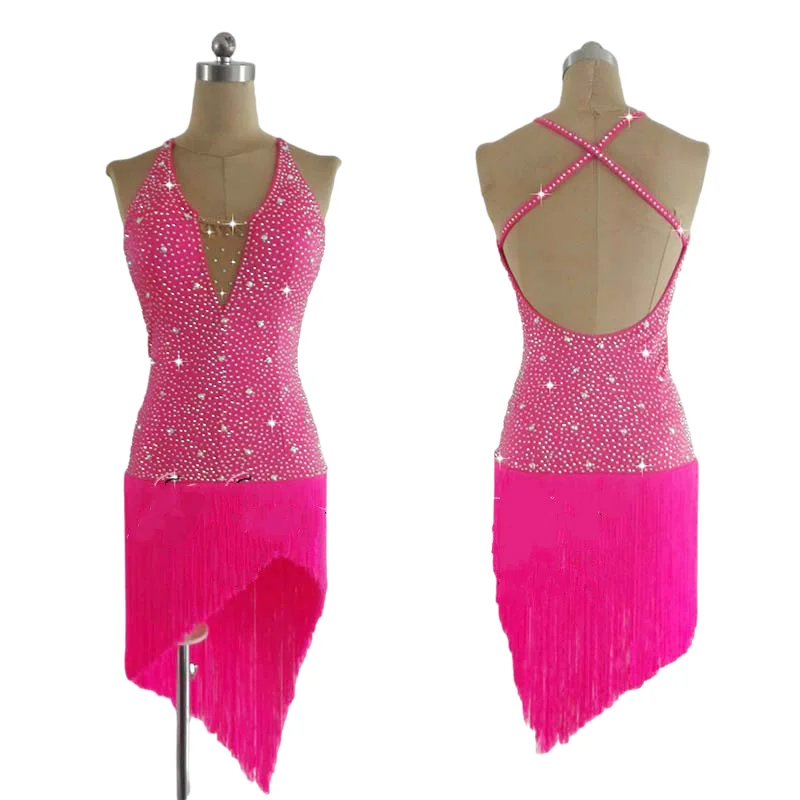 Latin Dance Dress Women Shiny Rhinestone Performing Dress Custom Tassel