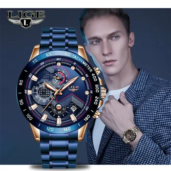 

LIGE New Blue Fashion Business Clock Mens Watches Top Brand Luxury All Steel Chronograph Quartz Gold Watch Men Relogio Masculino