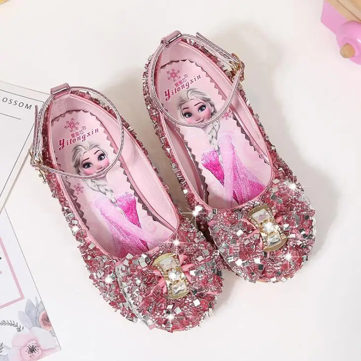 Обувь для вечеринок для девочек; обувь принцессы; кожаная обувь с блестками и стразами; детская обувь с бантом; кроссовки «Эльза»; Детский Рождественский подарок - Цвет: photo color
