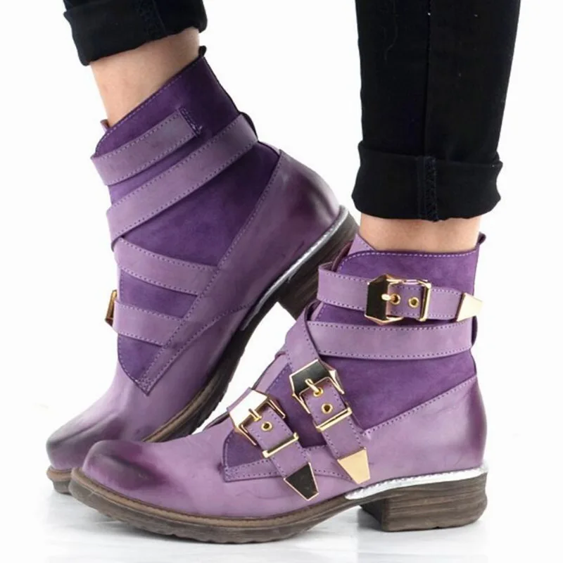 HEFLASHOR Fashion Women Boots Purple Short Ankle Boots Genuine Leather Blue Winter Strapped Buckle Short Boot Women Shoes