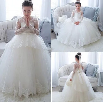 

Elegant Lace Flower Girls Dresses For Weddings Lace Appliques Tulle Floor Length Backless Long Sleeve First Communion Dresses