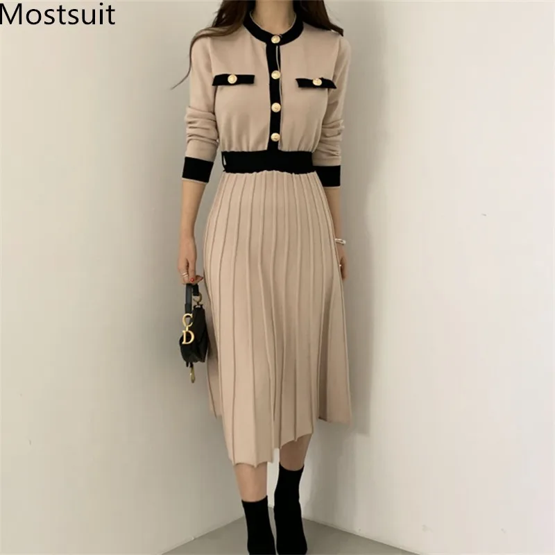 Vestido largo de punto de manga larga para mujer, vestido plisado de una sola hilera de botones, con cuello redondo, Color bloqueado, Coreano elegante, 2021