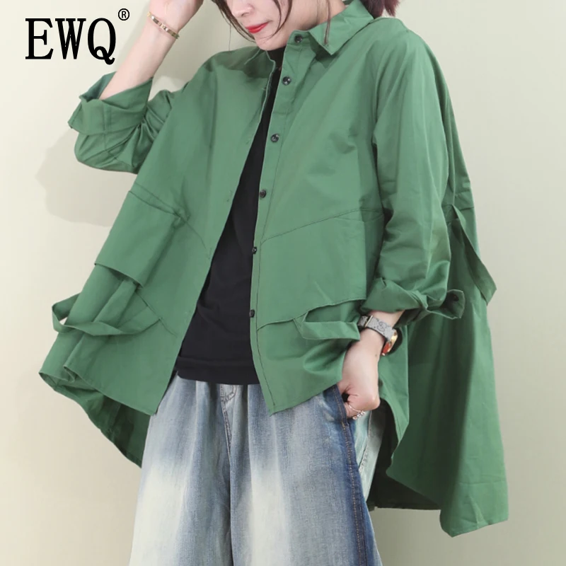 

[EWQ] 2020 Spring Summer New Pattern Lapel Long Sleeve Solid Patchwork Single Breasted Back Folds Korea Casual Shirt Women AK902