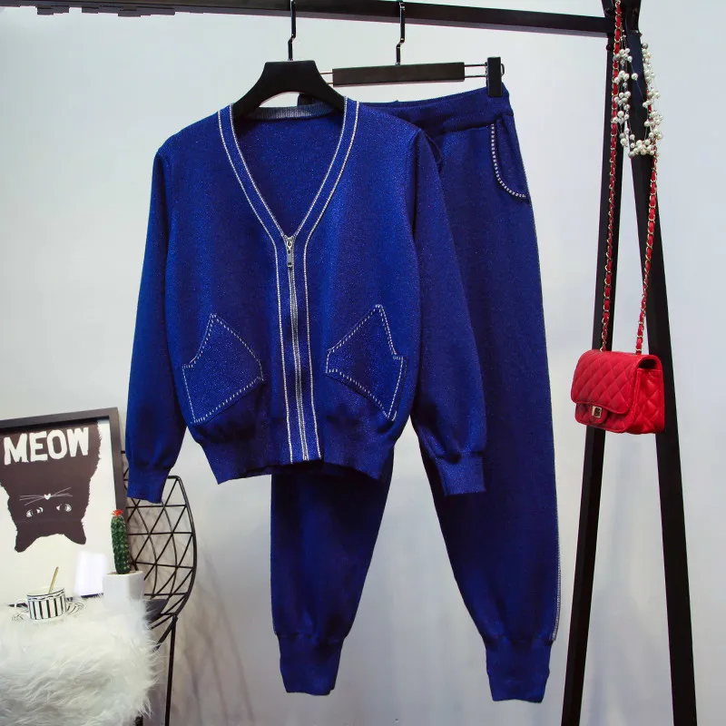 

DEAT 2019 Autumn Tracksuit Women Tracksuit Zipper Shining Knitted Cardigans Pencil Pants Two Piece Set Casual Outfits MG783