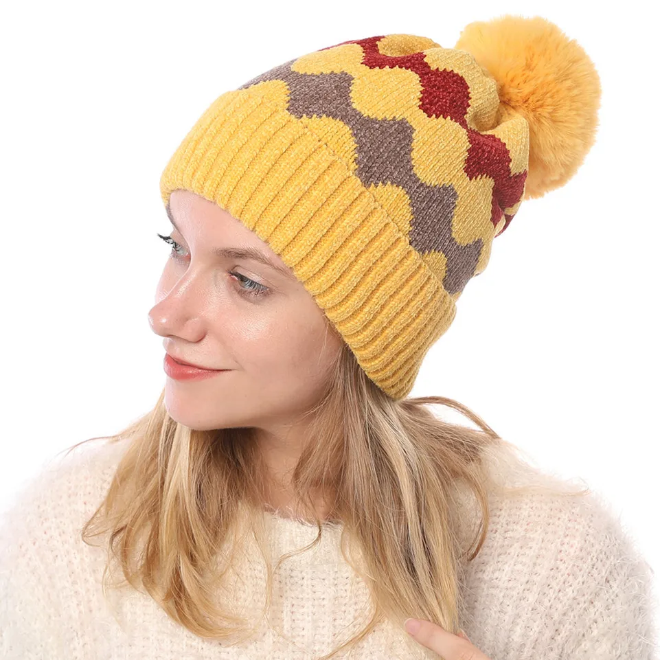 Цвет: желтый BEFORW/ Модная брендовая зимняя теплая шапка с помпонами для женщин, вязаные шерстяные шапки в стиле бини, толстые женские шапки с черепами - Цвет: Цвет: желтый