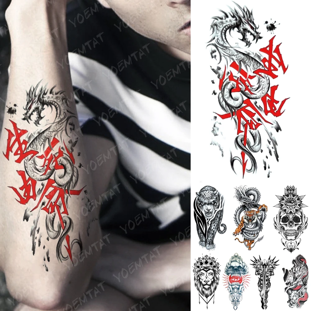 Waterproof Temporary Tattoo Sticker Life And Death Dragon Tattoos Chinese Tiger Lion Body Art Arm Fake Sleeve Tatoo Women Men Temporary Tattoos Aliexpress
