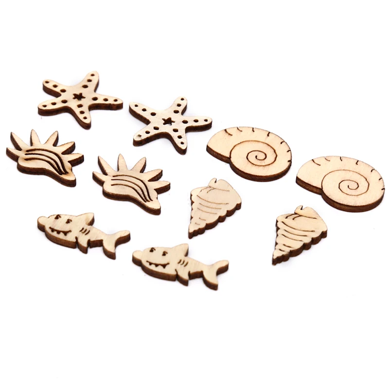 50/100pcs Seashell Starfish Wooden Pattern For Embellishment Home Wood Decor Scrapbooking Mix Diy Crafts Handmade Making