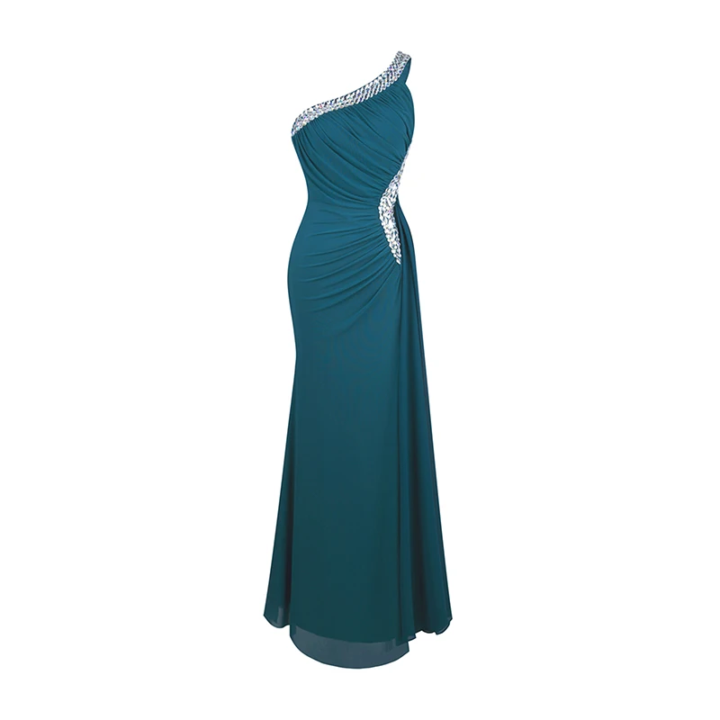 Green 411 Женское дл.веч.платье, с бисером, Angel-Fashions, синее длинное вечернее платье с одним открытым плечом и разрезами, расшитое бисером, модель 075 411 - Цвет: Green 411