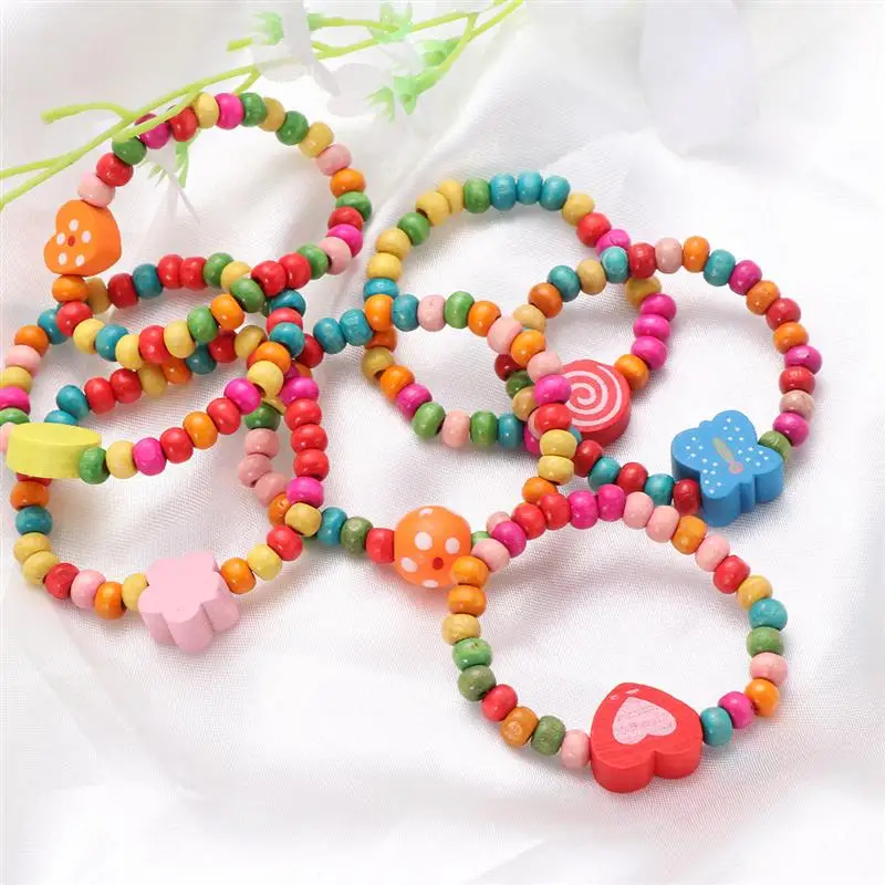 10/12pcs Party Bag Natural Wood Bracelet Kids Party Gift Elastic Wooden Beads Bracelet Children Girls