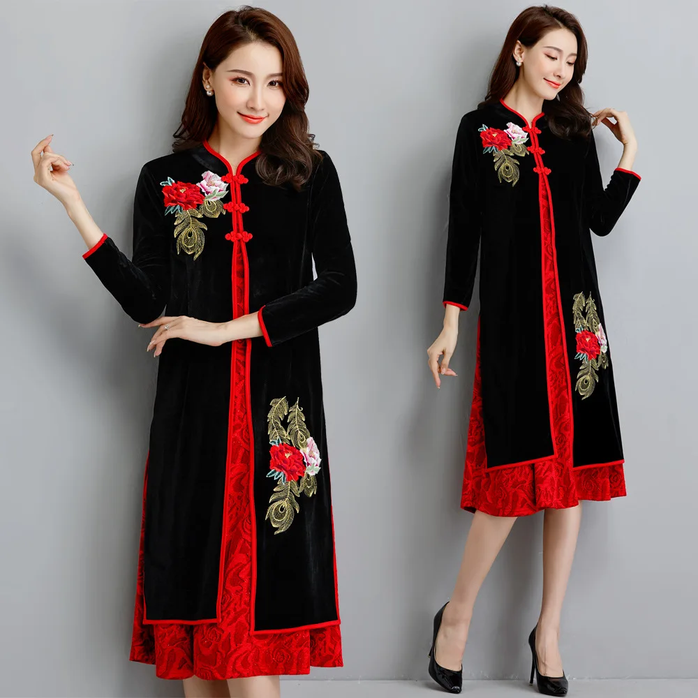 

Autumn And Winter Wedding Banquet Cheongsam Dress Middle-aged Women Dress Two-Piece Set WOMEN'S Cardigan Gold Velvet Mid-length