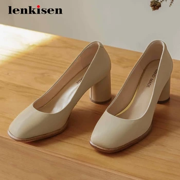 

Lenkisen european style genuine leather streetwear design square toe thick high heel slip on beauty lady dating women pumps L2f1