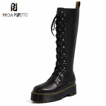 

Prova Perfetto 2020 New Winter Boots Women Mature Lace-Up High Quality Round Toe Zapatos De Mujer Platform Square Heel Long Boot