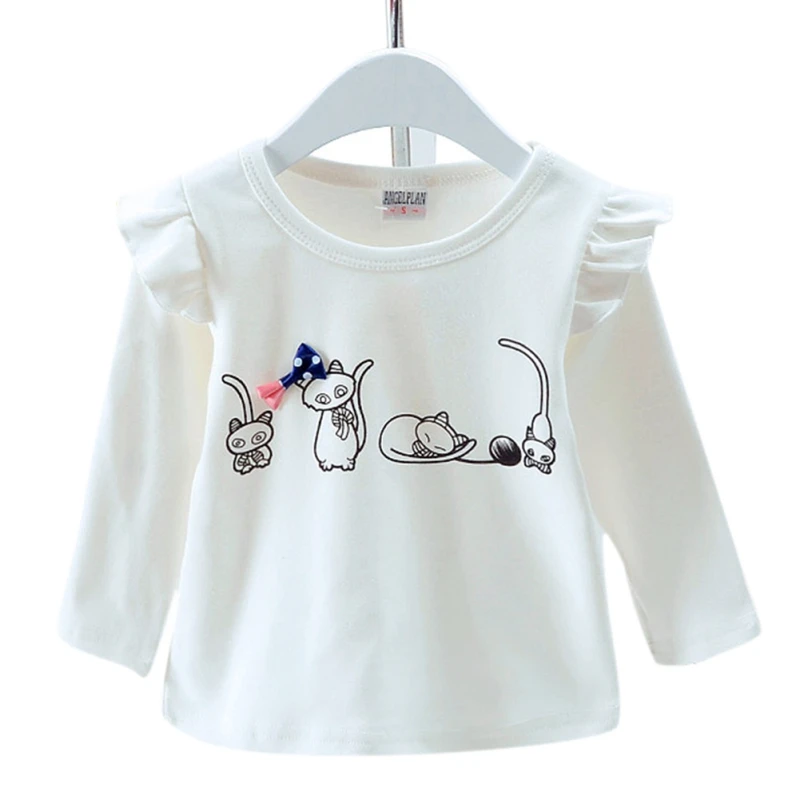 Осенние футболки для маленьких девочек футболки с длинными расклешенными рукавами и рисунком кота детские топы, Повседневная Блузка