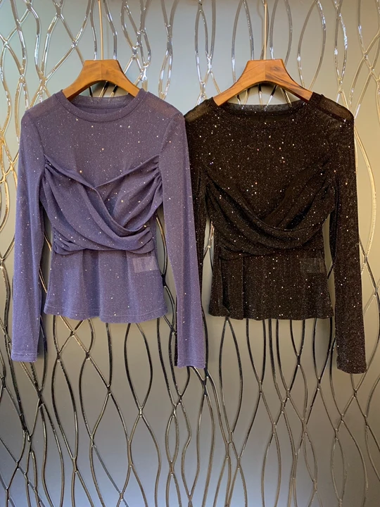 

2019 Early autumn new women's round collar, chest twist and glitter decorative long-sleeved solid-color jacket 831
