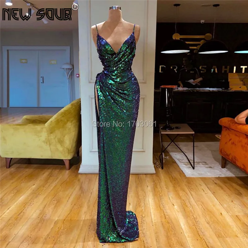 

Spaghetti Strap Evening Dresses Sparkly High Split Side Prom Dress For Saudi Arabic Robe De Soiree Formal Party Gown Sequins