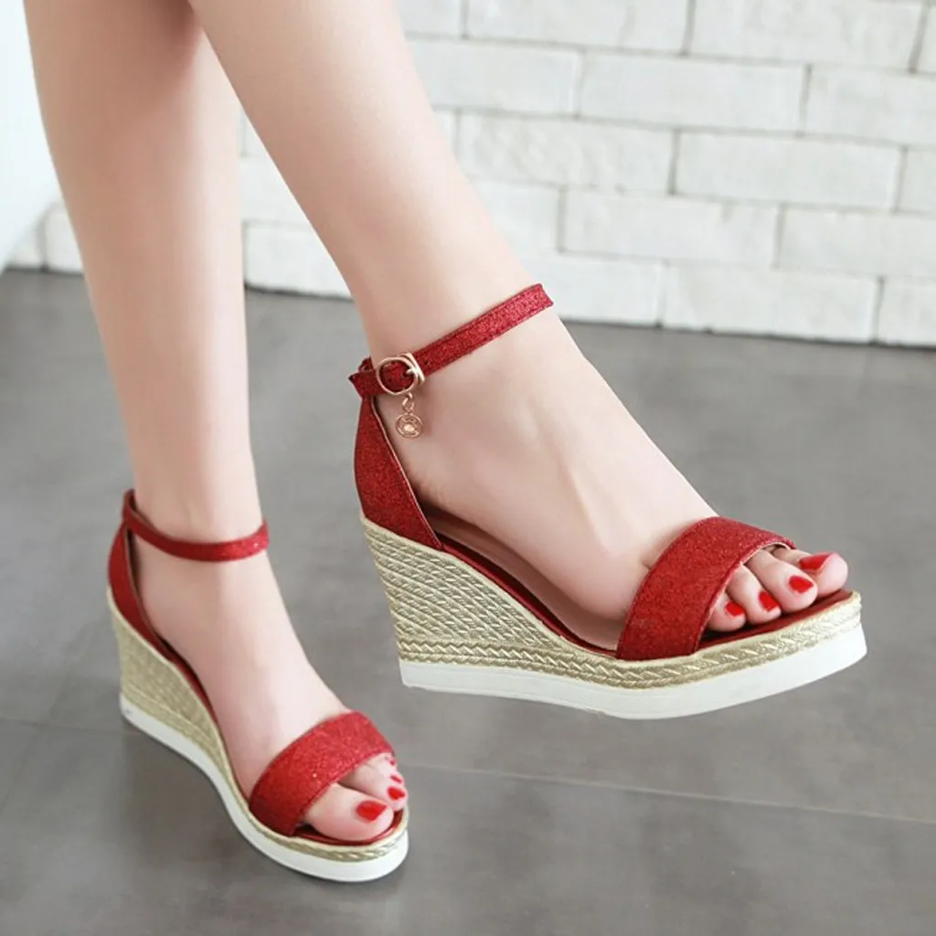 

Fashion Lady Dress Sandals Shoe Pure Color Sequins Casual Wedges Sandals Platform High Heel Sandals Sandalia Feminina 2020