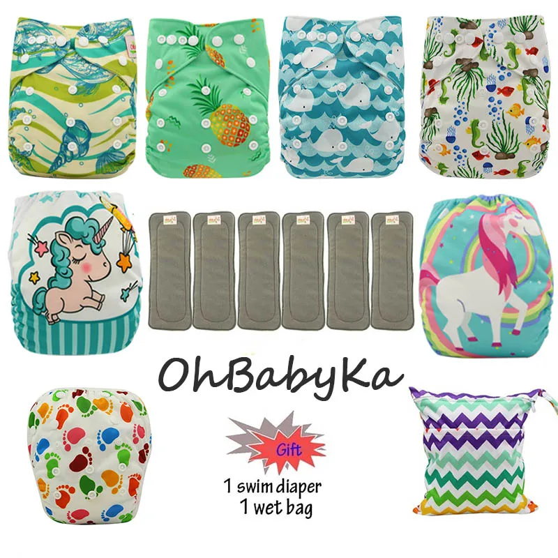 07 OhBabyKa детская Пеленка из моющейся ткани бамбуковый уголь Многоразовые Все-в-два карман подгузник Регулируемый+ 6 шт бамбуковые вставки детские подгузники - Цвет: 07
