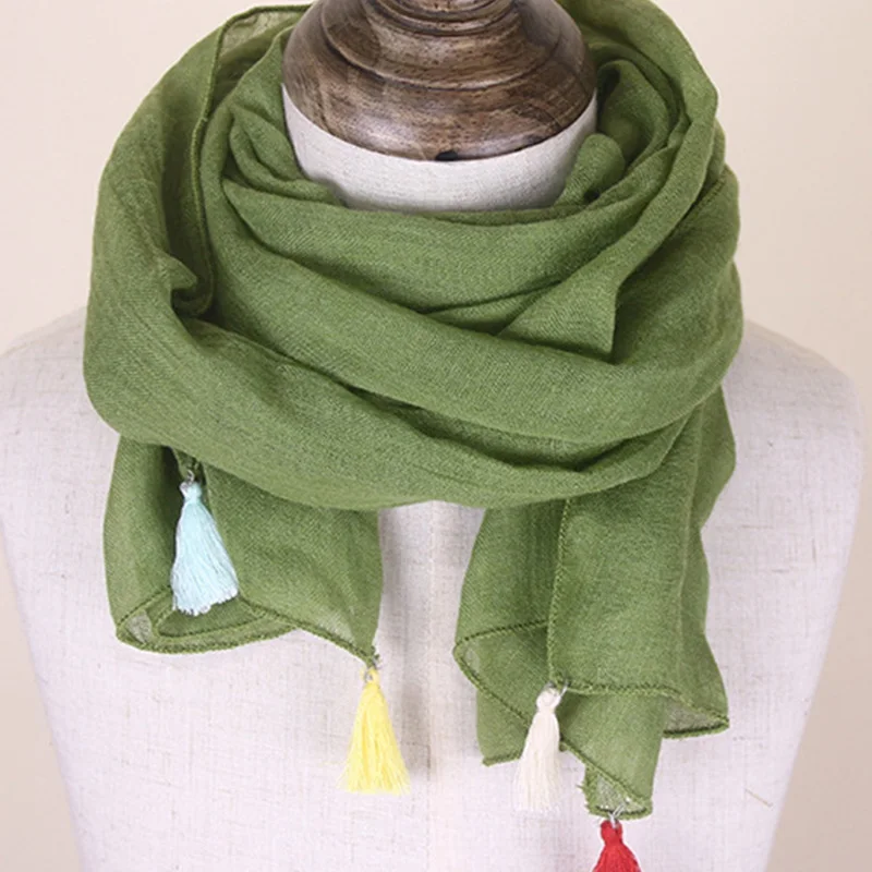 Spring Solid Color Sweet Children Scarf Korean Version Wild Tassels Soft Breathable Cotton Linen Warm Shawl Boys Girls E12