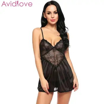 

Women Sexy Lingerie Babydoll Erotic Costumes Hollow Lace Patchwork Backless See-through Nightwear with G-string Underwear