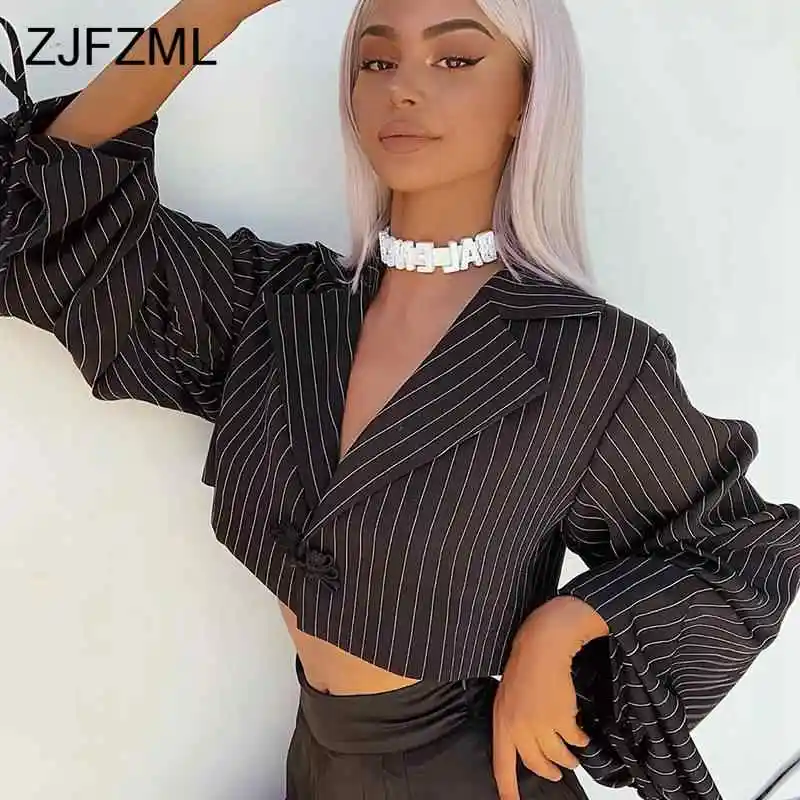 

Women Striped Blouses Fashion Notched Long Sleeve Sexy Crop Tops Female Autumn Button Up Casual Short Shirts 2019 Streetwear