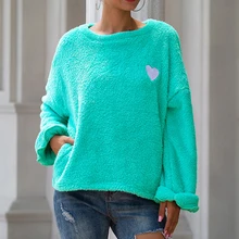 Вязаный Пушистый Плюшевый женский свитер с длинным рукавом, голубой милый женский свитер с круглым вырезом, пуловер, Осень-зима, свободные джемперы