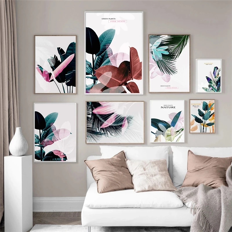 

Colorful Plant Pink Art Picture Home Decor Nordic Canvas Painting Wall Art Modern Nature Leaf Posters and Prints for Living Room