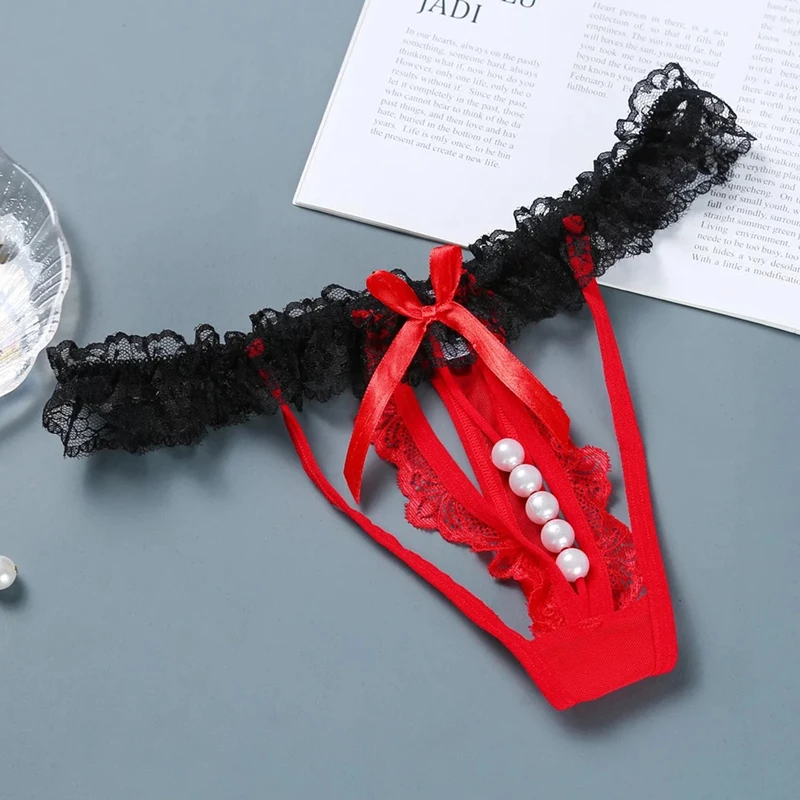 

Женские прозрачные кружевные трусики размера плюс с жемчужинами, с открытой промежностью