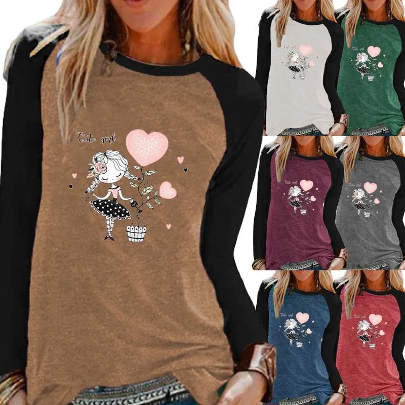 

Autumn Ladies Casual Long Sleeve Shirt Top Fashion Round Neck Loose Cartoon Print Women's T-shirt Sweatshirt XS-5XL