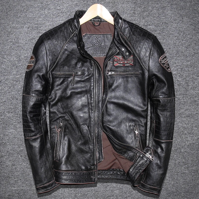 

Geniune Leather Jacket for Men Pure Cow Leather Vintage Jacket Spring Autumn Plus Size Jaqueta De Coruo 5680-1 MF124