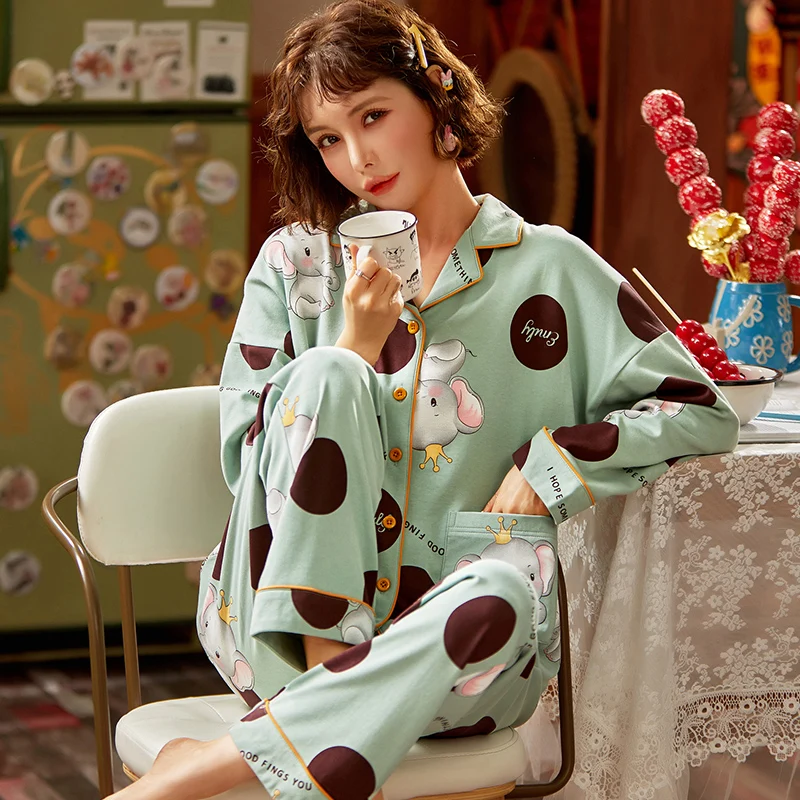 

Women Sleepwear Plus Size 3XL Cartoon Nightgown Long Sleeve THIN Cotton Nighty Spring Fall Pyjamas Lapel Loose Version Pajamas