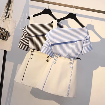 

New arrival Summer Women Fashion Slash Luxury vintage stripe Shirt Top blouse + High waist Button Mini Skirts 2pcs set suits