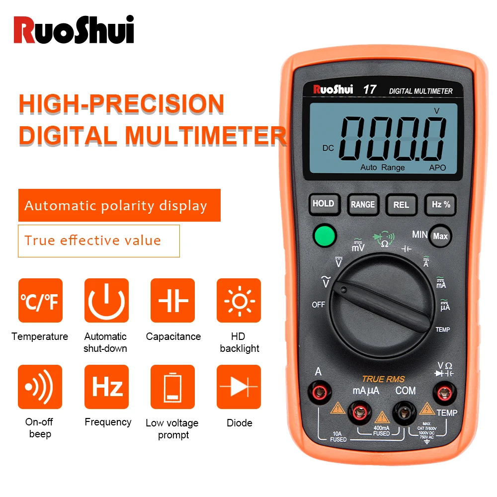 Ruoshui17 Multimetro Digitale Smart Auto Range 1000V 10A Tester Meter Ohm Hz Capacità Rel True Rms Multitester Live Wire Diode