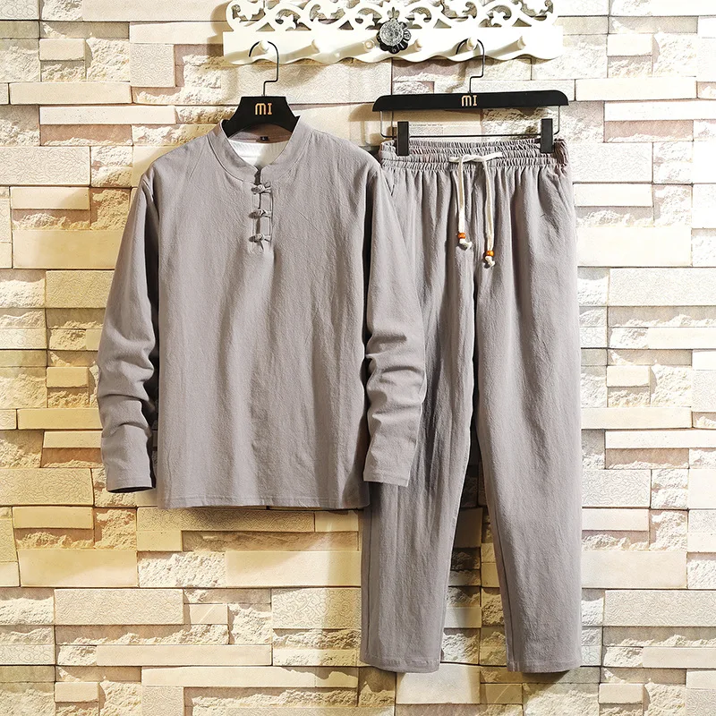 

Spring And Autumn Men's Chinese Clothing Set Flax Casual Two-Piece Set Cotton Linen Chinese-style Retro Long Sleeve Trousers You