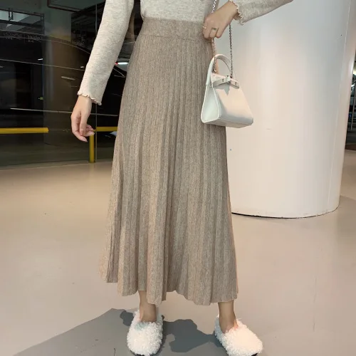 Осень-зима, винтажный женский плиссированный свитер, юбка с зонтиком, высокая талия, миди, Вязанная, а-силуэт, женские одноцветные элегантные юбки Ka444