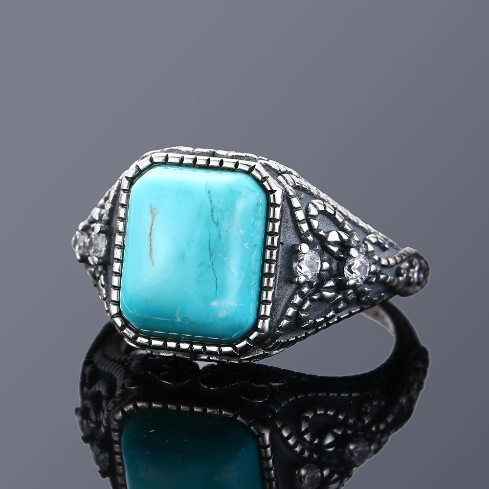 Multicolor Large Rectangular 10 * 12MM Turquoise Ring Female Engagement Wedding Party Jewelry Vintage Fine Jewelry
