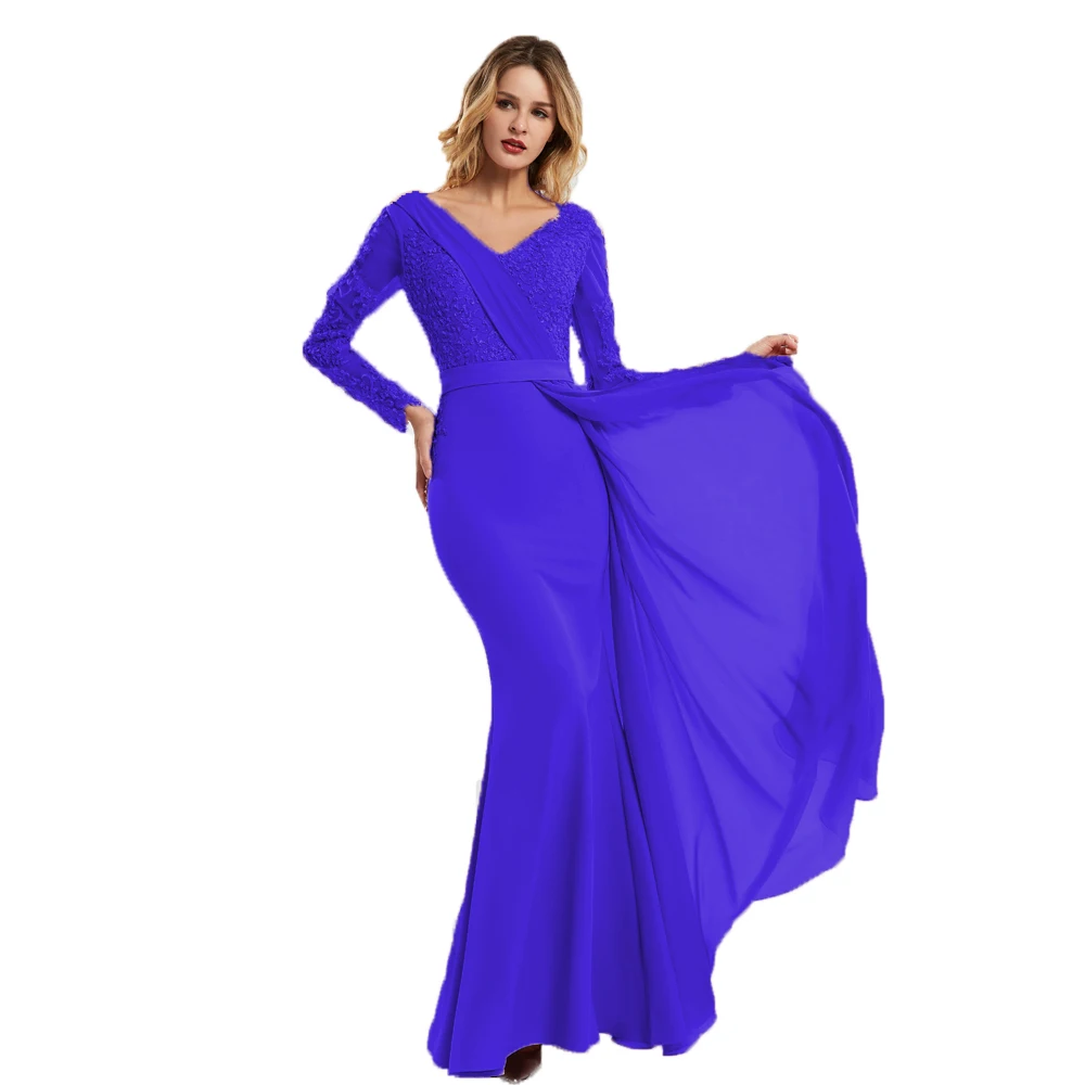 BEPEITHY с v-образной горловиной розовое вечернее платье для девочек, с потоком халат De Soiree элегантные длинные рукава вечернее платье выпускного вечера вечерние платье Abendkleid - Цвет: Синий