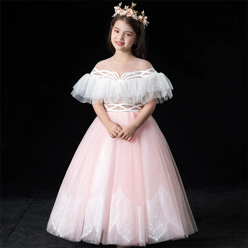 pink long dress Корейское милое розовое элегантное пышное платье принцессы для девочек на день рождения, свадьбу, вечеринку детское платье для выступлений на фортепиано - Цвет: pink long dress